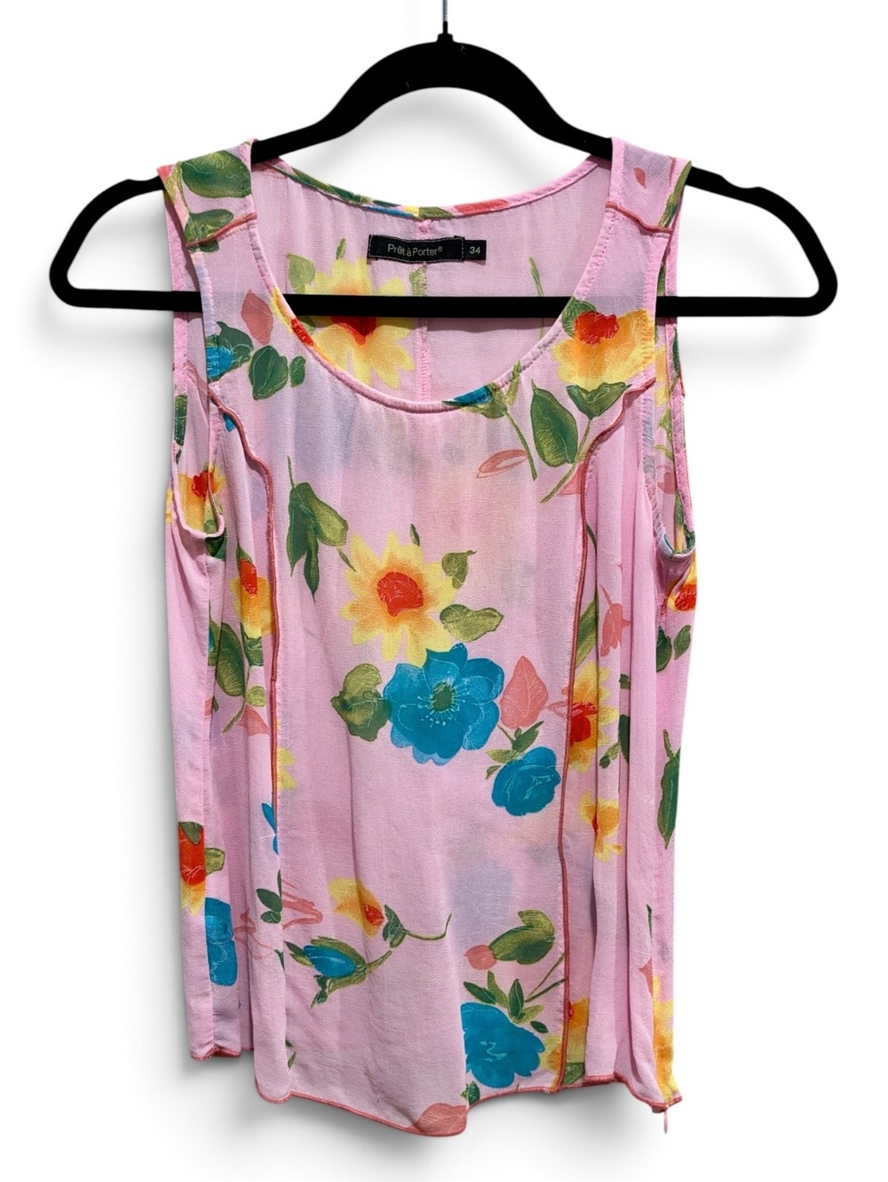 Pink Floral Sheer Viscose Tank Top Contrast Seams Size 34 XS